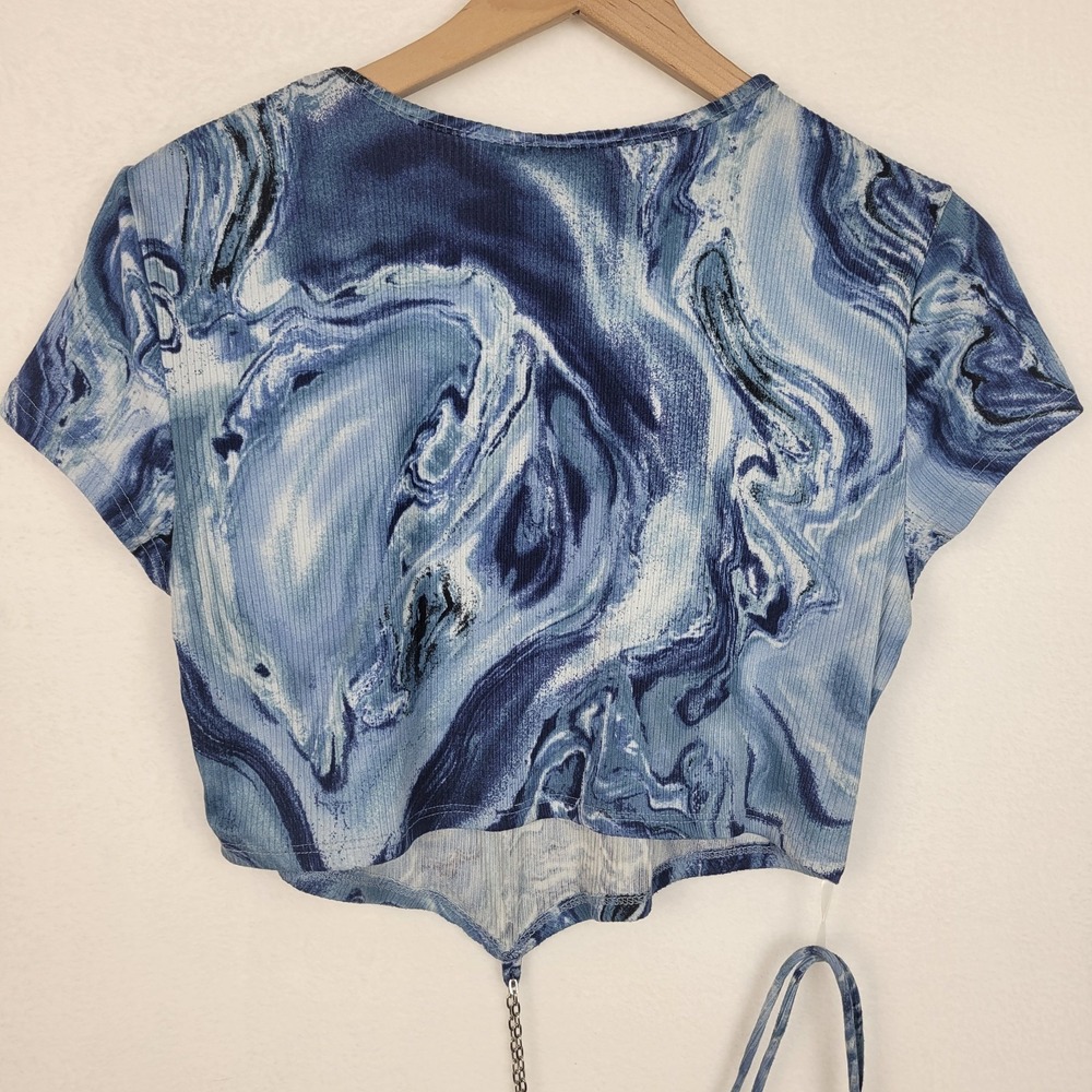Just Polly New York Blue Marble Ribbed Crop Top Handkerchief Hem Chain Detail XL - Picture 4 of 8